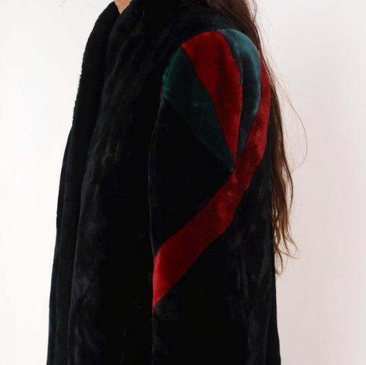 80s Sasson Faux Fur Coat Black Colorblock Stripe Stand Collar Medium M