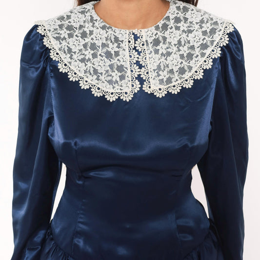 80s Navy Satin Peplum Dress Lace Collar Puff Shoulder Knee Length Small