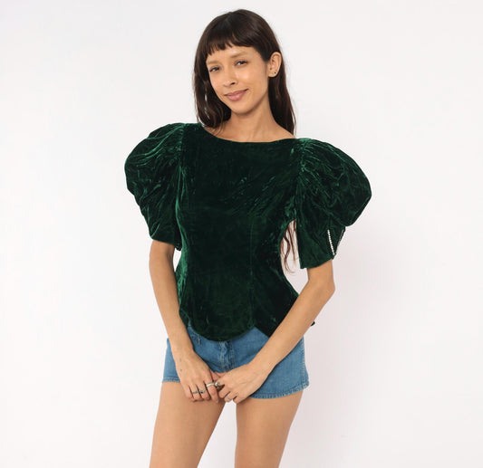 90s Emerald Crushed Velvet Puff Sleeve Blouse Forest Green Rhinestone Bow Back Small S