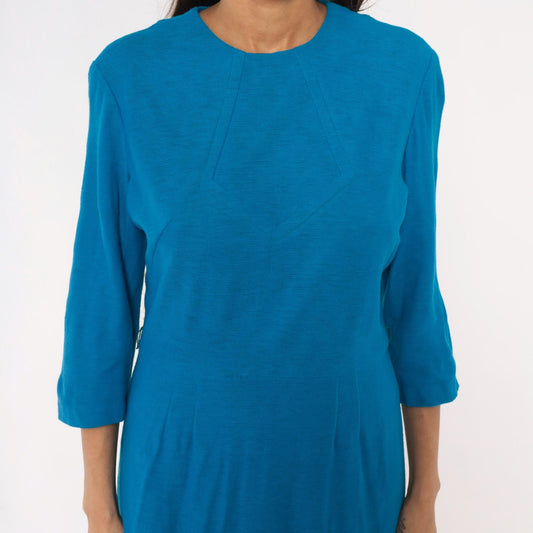 60s Cerulean Blue Sheath Dress Three Quarter Sleeve Chevron Mod Medium M