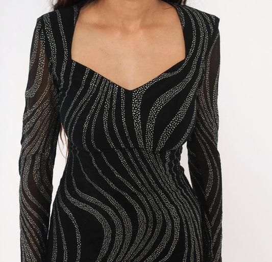 90s Betsy & Adam Black Mini Dress Silver Glitter Wave Sweetheart Small S