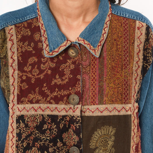 Y2K Units Woman Patchwork Denim Jacket Floral Tapestry Burgundy Extra Large XL