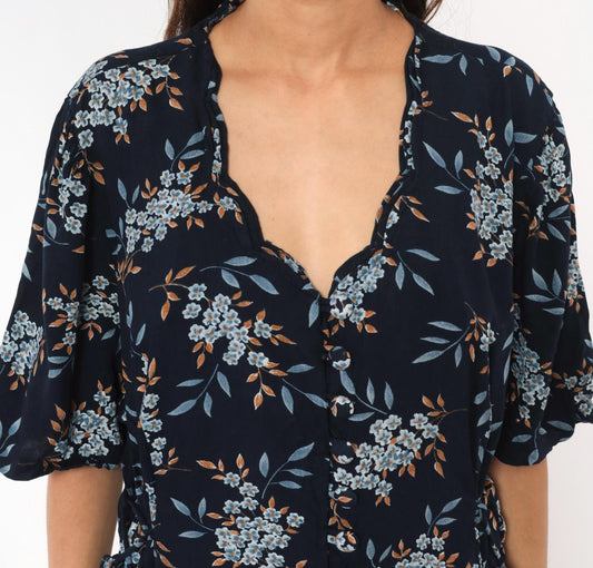 90s Jamie Brooke Floral Midi Dress Navy Blue Tie Waist Plus Size 20W