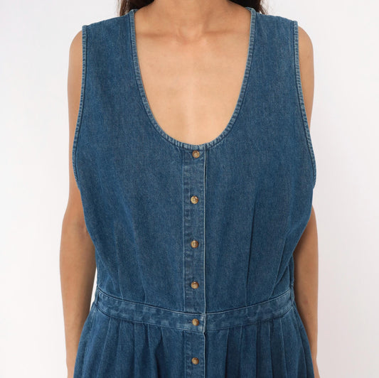 90s Eddie Bauer Denim Maxi Dress Sleeveless Button Front Blue Cotton Large L