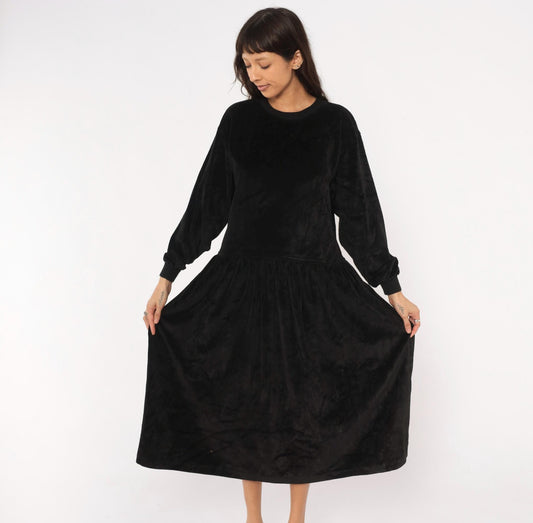 90s Lizsport Black Velvet Midi Dress Drop Waist Pockets Large L