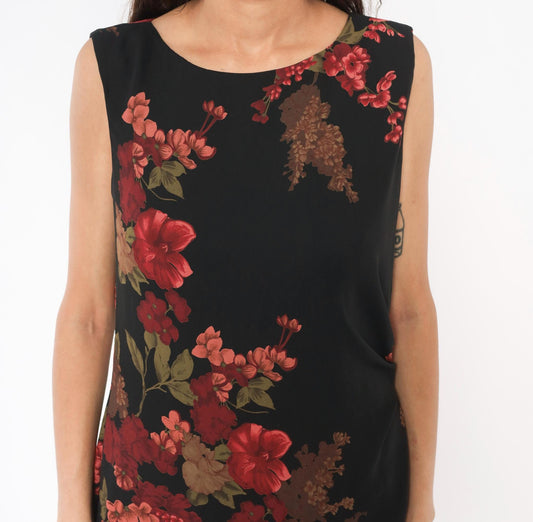 90s David Warren Floral Shift Dress Black Red Roses Knee-Length Large L