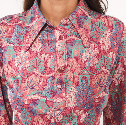 70s Pointillist Tree Blouse Pink Teal Woodland Polo Collar Bishop Sleeve Medium