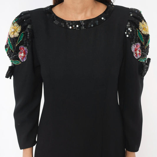 90s Jack Bryan Black Sequin Floral Shift Dress Puff Sleeve Small Medium