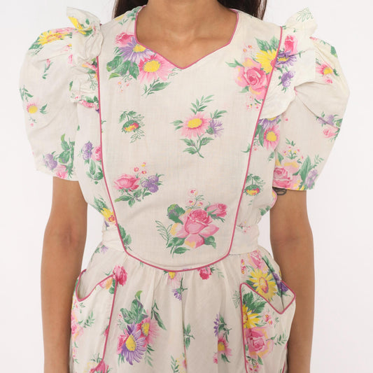 1950s Floral Cotton Dress Puff Sleeve V-Neck Pink White Rose Print Medium