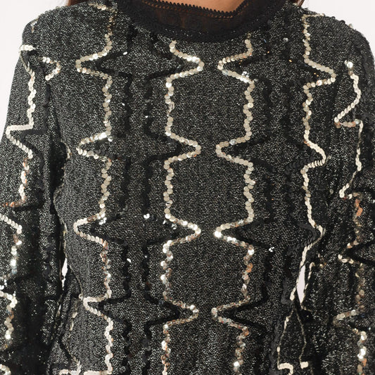 90s Elinor Gay Black Silver Sequin Blouse Geometric Zigzag Long Sleeve Medium