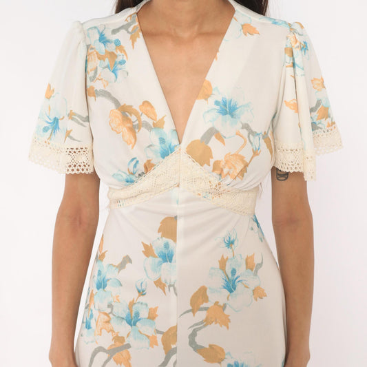 70s Floral Maxi Dress Crochet Lace V-Neck Puff Sleeve Ivory Blue Peach Large