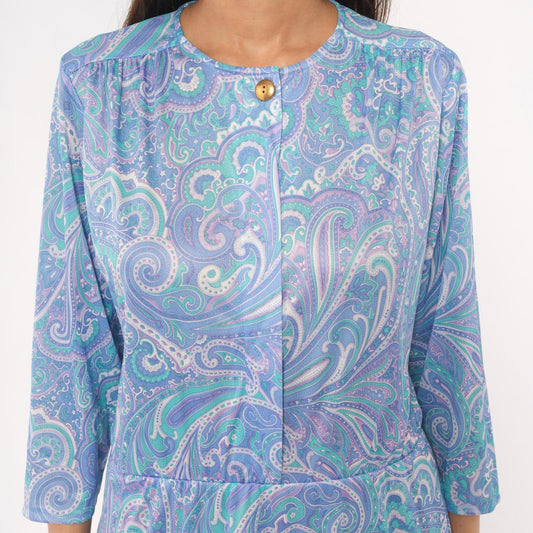 90s Blair Paisley Midi Dress Periwinkle Purple Teal Swirl Print Medium M