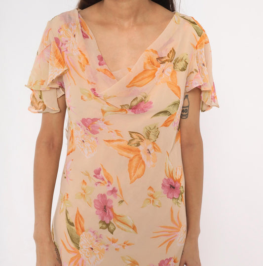 80s Jessica Taylor Peach Floral Maxi Dress Flutter Sleeve Cowl Neck Large L