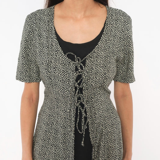 90s Statements Black Cream Dotted Midi Dress Lace-Up Front Medium