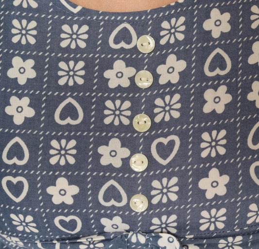 80s New Moves Hearts Flowers Grid Print Blouse Blue White Peplum Crop Extra Small XS