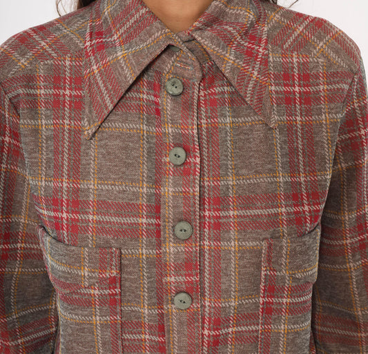70s Plaid Shirt Jacket Grey Red Pointed Collar Button Front Medium