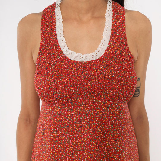 70s Red Ditsy Floral Mini Dress Cotton Eyelet Lace Smocked Small