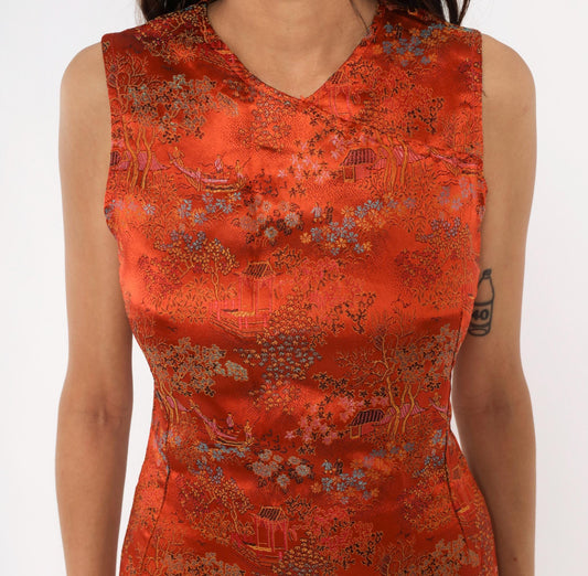 90s Modelli Rust Orange Brocade Mini Dress Chinoiserie Jacquard Small