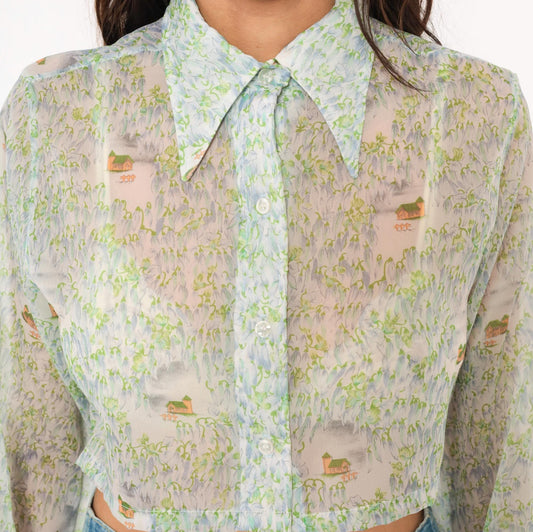 70s Tall Shop Cropped Sheer Blouse Pastoral Landscape Print Green Blue Small Medium