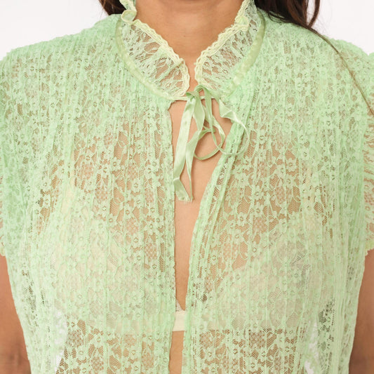 70s Mint Green Lace Crop Top Floral Sheer Ruffle Collar Small