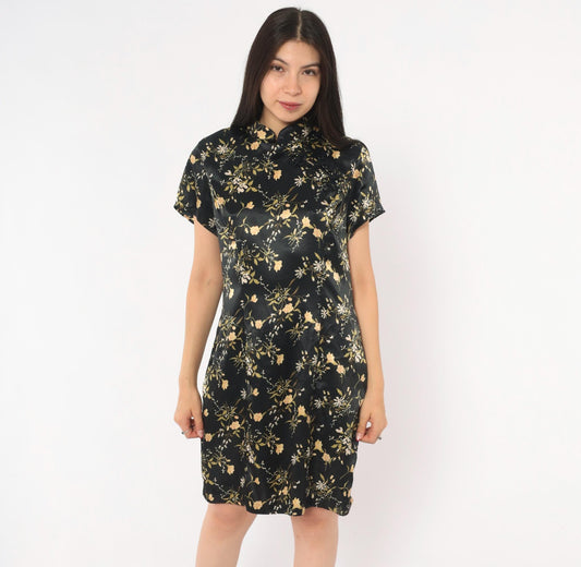 90s Dby Cheongsam Dress Black Gold Floral Brocade Mandarin Collar Mini Medium M