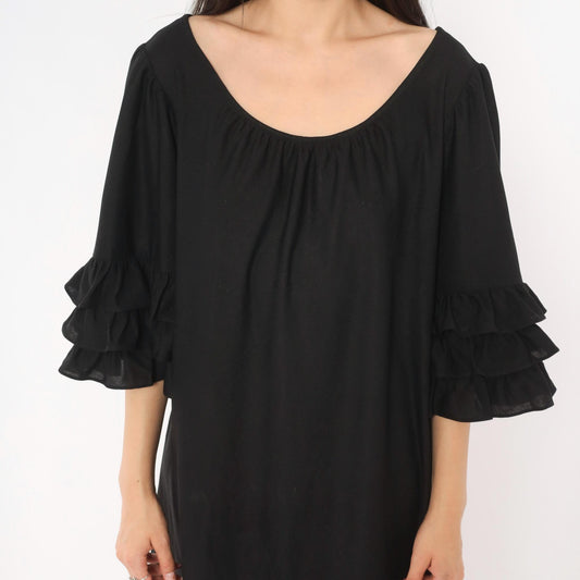 70s Black Midi Dress Ruffle Sleeve Tiered Hem Pullover Large L