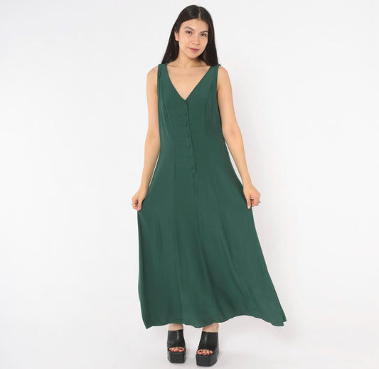 90s Olive Green Maxi Dress Sleeveless V Neck A Line Fitted Waist Medium M