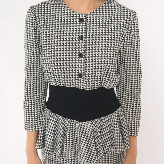 90s Breakin' Loose Houndstooth Peplum Dress Black White Check Small