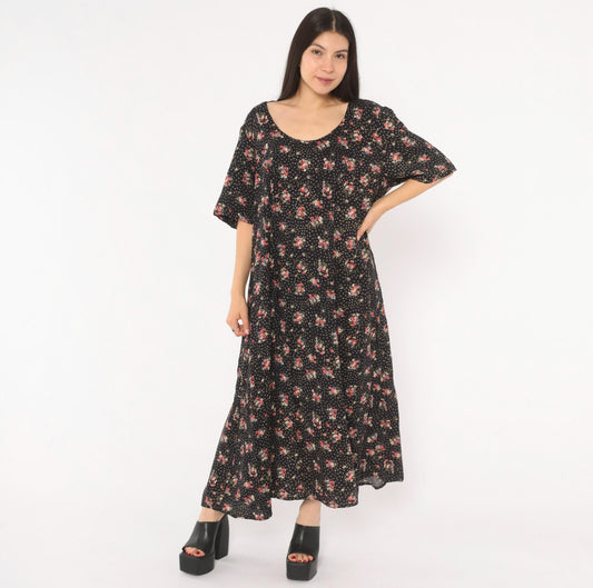 90s Jamie Brooke Black Floral Maxi Dress Pink Blue Scoop Neck Medium M