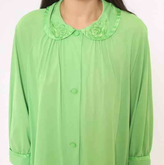 70s Mint Green Button-Front Housecoat Peter Pan Collar Satin Trim Large L