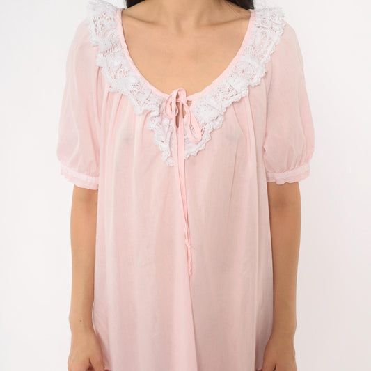 90s Apostrophe Pink Lace Nightgown Puff Sleeve Tie Front Medium M