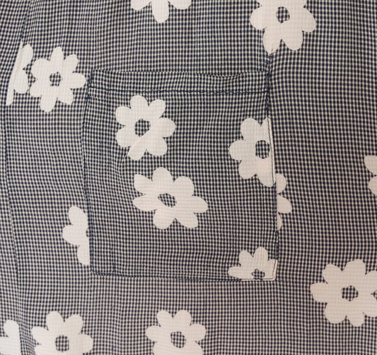 90s Navy Gingham Daisy Print Maxi Dress Drawstring Waist Medium M
