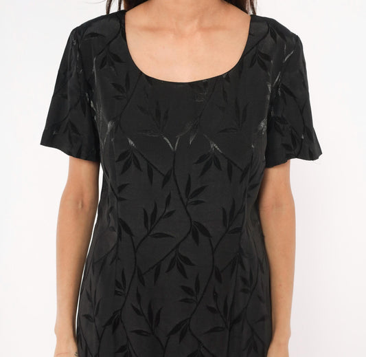 90s Giorgio Fiorlini Black Jacquard Leaf Shift Dress Scoop Neck Large L