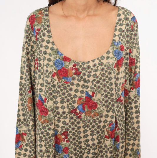 90s Floral Jumpsuit Cream Scoop Neck Long Sleeve Rose Medallion Print Large L