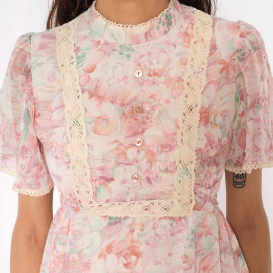 70s R.A.R. Pink Floral Mini Dress Puff Sleeve Crochet Bib Extra Small XS