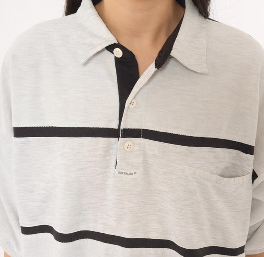 90s Greenline Striped Polo Shirt Grey Black Horizontal Stripes Large L