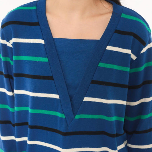 80s Alfred Dunner Striped V-Neck Sweater Cobalt Blue Cotton Knit Small