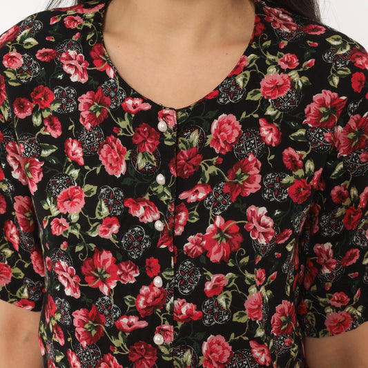 90s Katelyn Rose Black Pink Floral Button Blouse Short Sleeve Small S