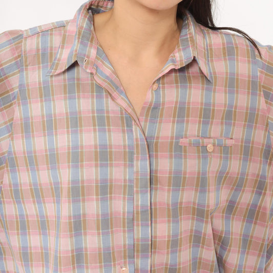 90s Cali Plaid Button Front Shirt Pink Periwinkle Cotton Plus Size 1X