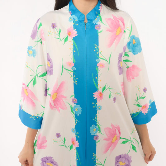 70s Evelyn Parson Floral Maxi Housecoat White Mandarin Collar Robe Medium