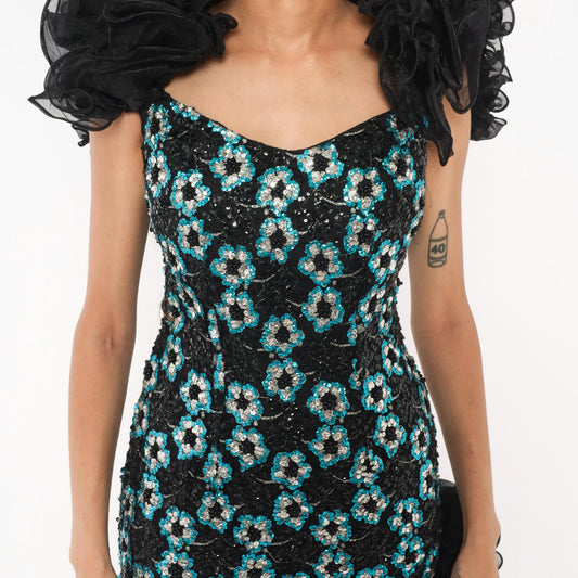 80s Alyce Designs Black Sequin Maxi Gown Teal Silver Floral Small
