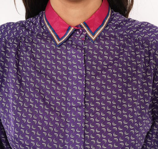 80s Lady Arrow Purple Paisley Button Blouse Pink Contrast Cuffs Medium