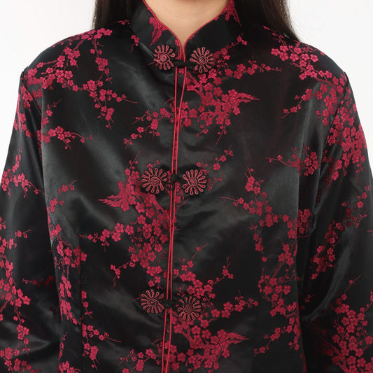 90s King Hu Black Brocade Jacket Cherry Blossom Mandarin Collar Large L