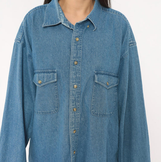 2000s Croft & Barrow Denim Button-Down Shirt Blue Chambray Large Tall