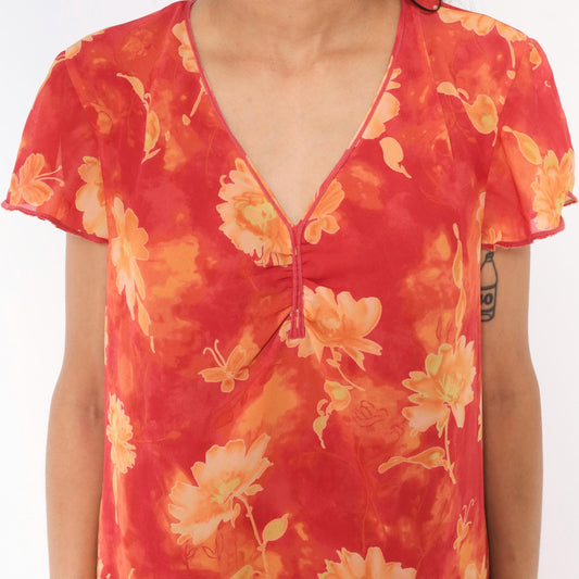 90s C.J. Banks Floral Shift Dress Red Orange Watercolor Knee Length Plus Size 14W