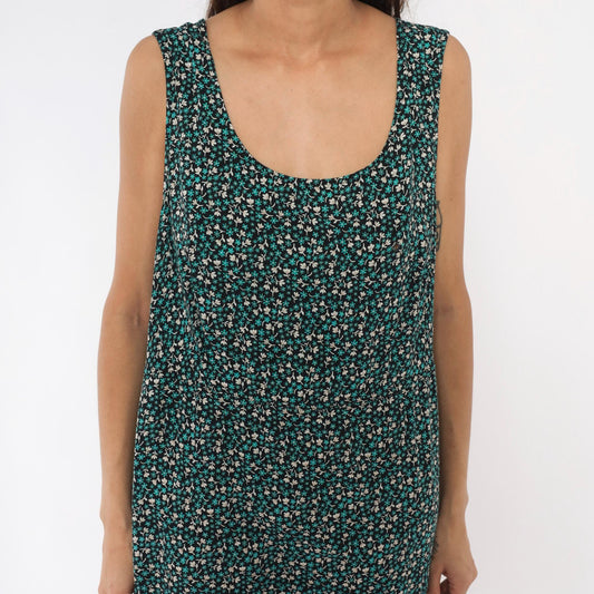 90s Teddi Woman Ditsy Floral Maxi Dress Teal Cream Black Tank Plus Size XXL
