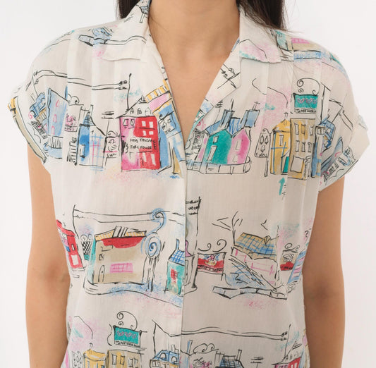 90s Act 3 Cityscape Camp Collar Blouse White Teal Pink Small