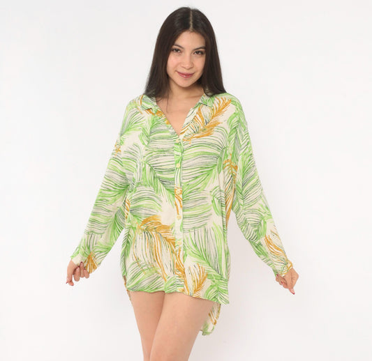 2000s Jams World Palm Leaf Hawaiian Shirt Green Rayon Camp Collar Extra Large XL