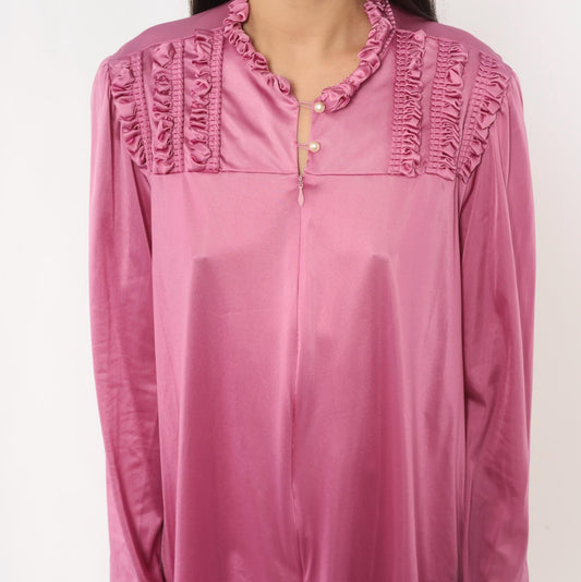 80s Vanity Fair Mauve Romper Ruffled Yoke Pearl Button Loungewear Large L