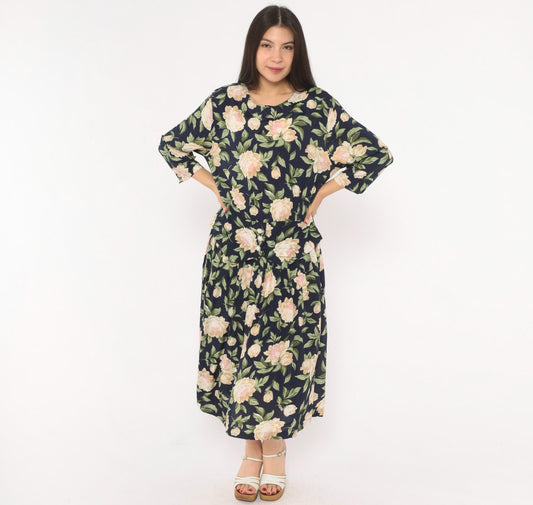 90s Caroline Wells Peony Floral Midi Dress Navy Cream Drop Waist Large L